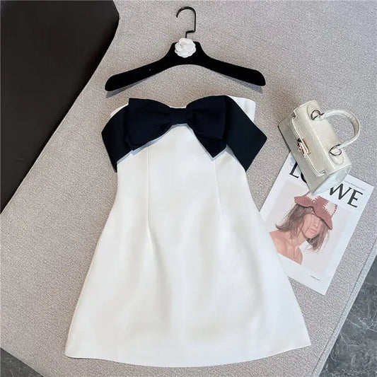 Black Bow Strapless Short Mini Dress